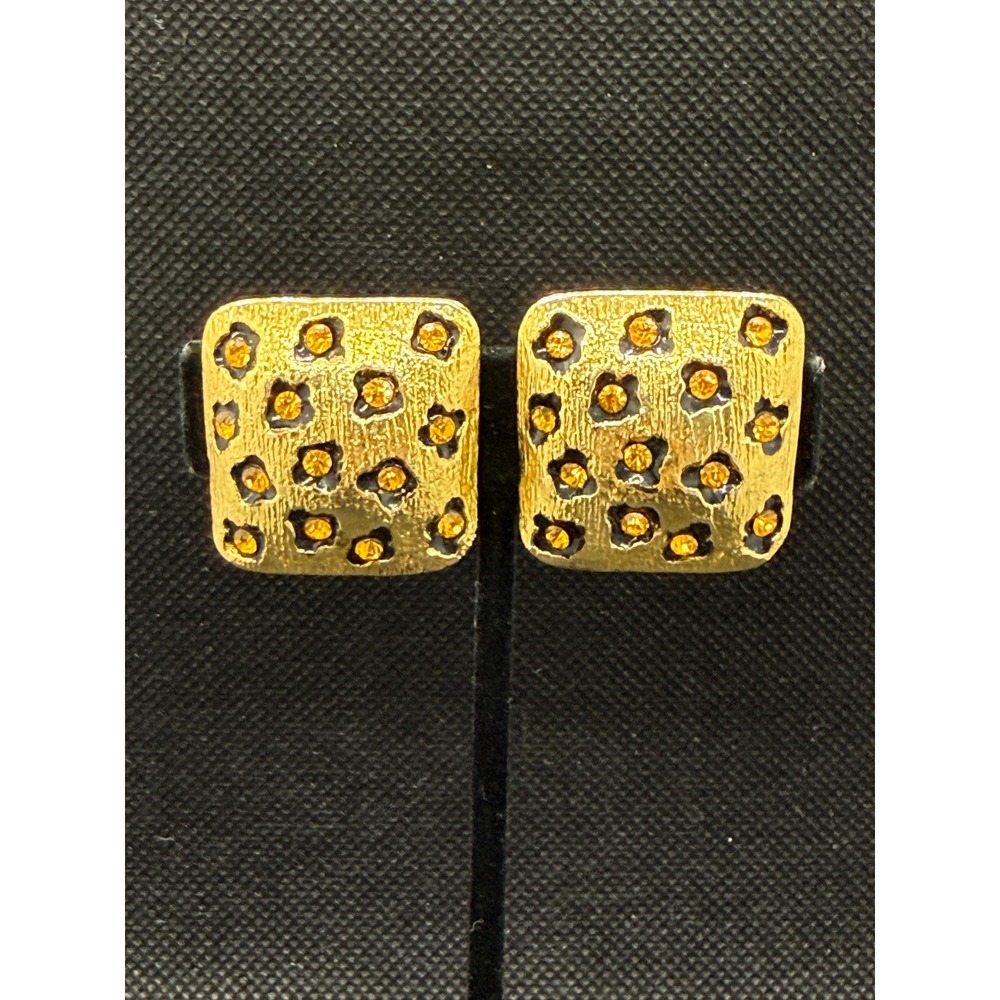 Vintage Gold Tone Leopard Print Square Clip On Earrings Amber Rhinestones